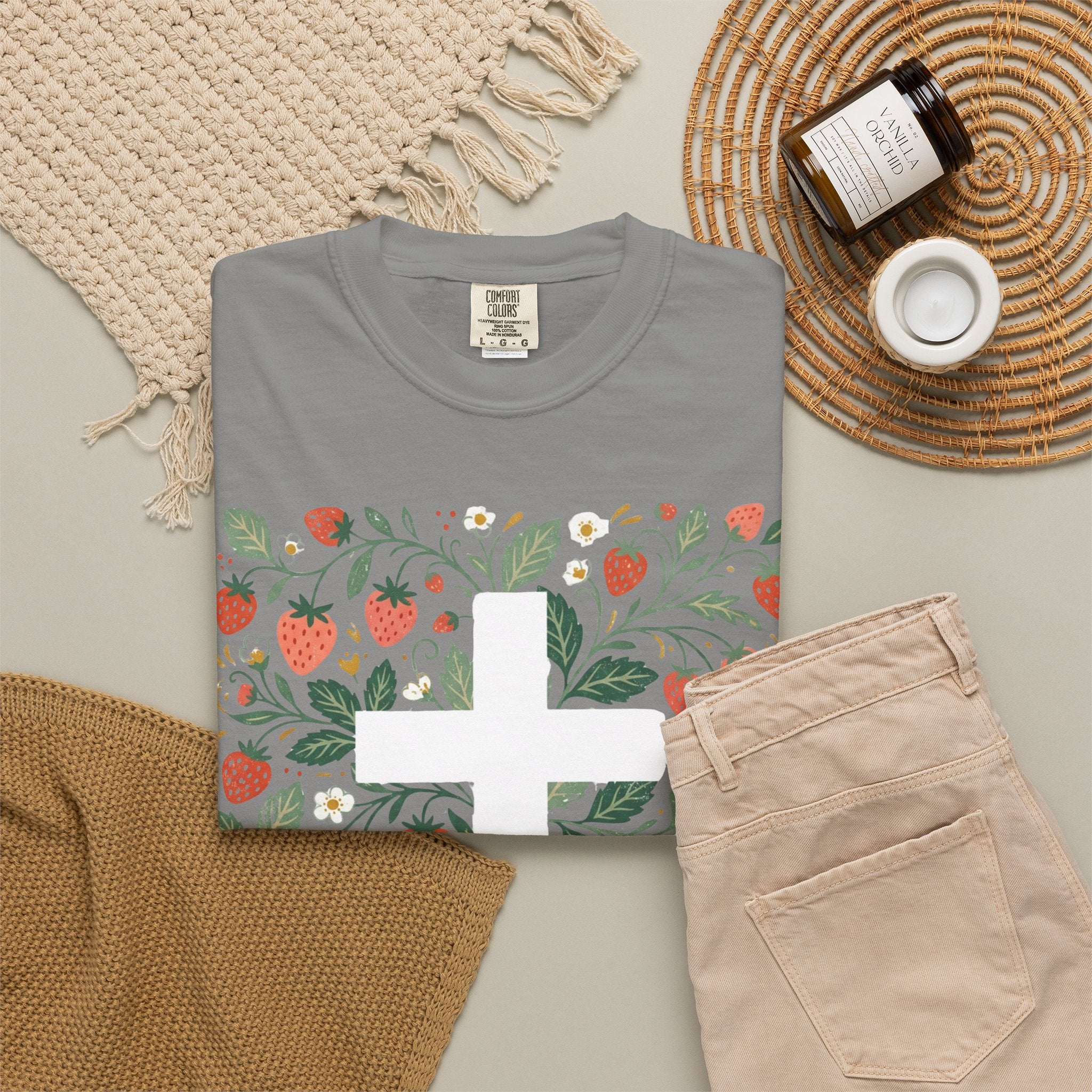 Strawberry Floral Cross T-Shirt — Botanical Faith Graphic Tee