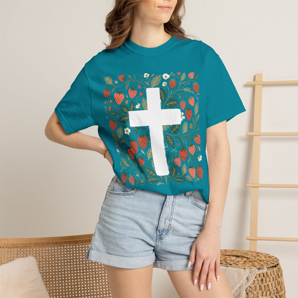 Strawberry Floral Cross T-Shirt — Botanical Faith Graphic Tee