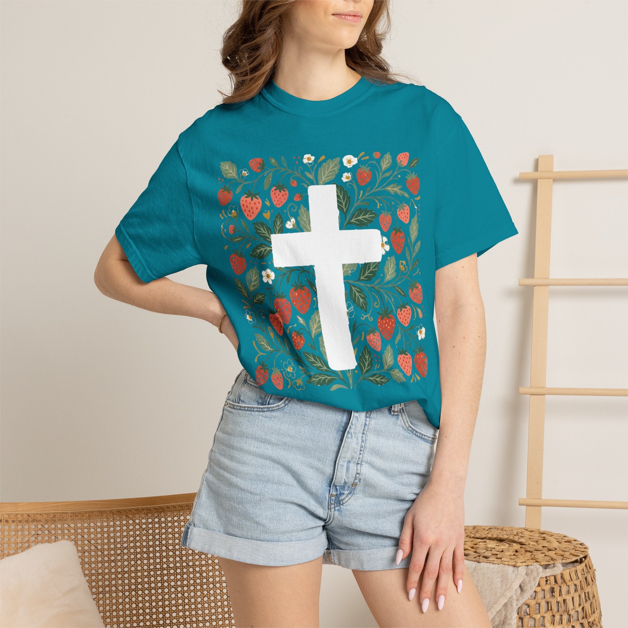 Strawberry Floral Cross T-Shirt — Botanical Faith Graphic Tee