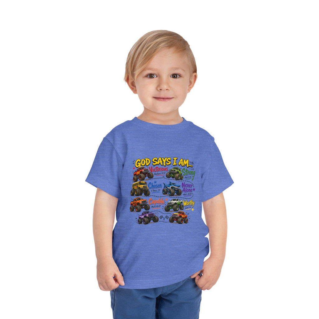 Toddler Tee — "God Says I Am" Monster Truck Inspirational Shirt
