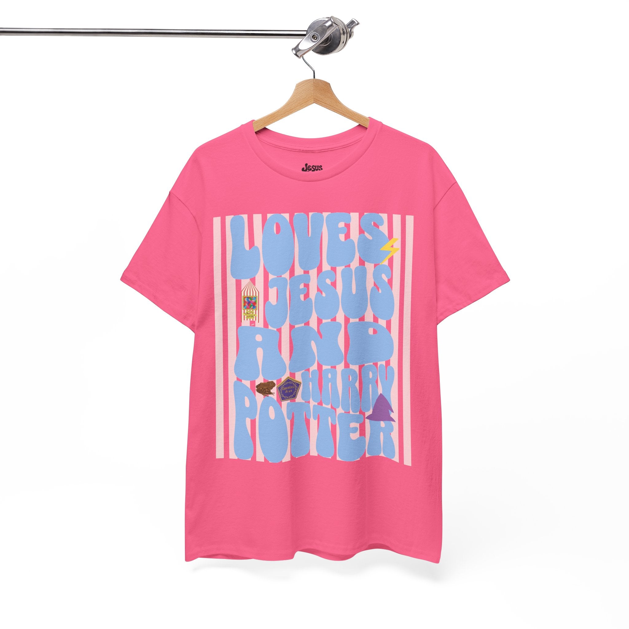 Jesus and Harry Potter Graphic Tee — "Love Jesus and Harry Potter" Retro Pink T-Shirt