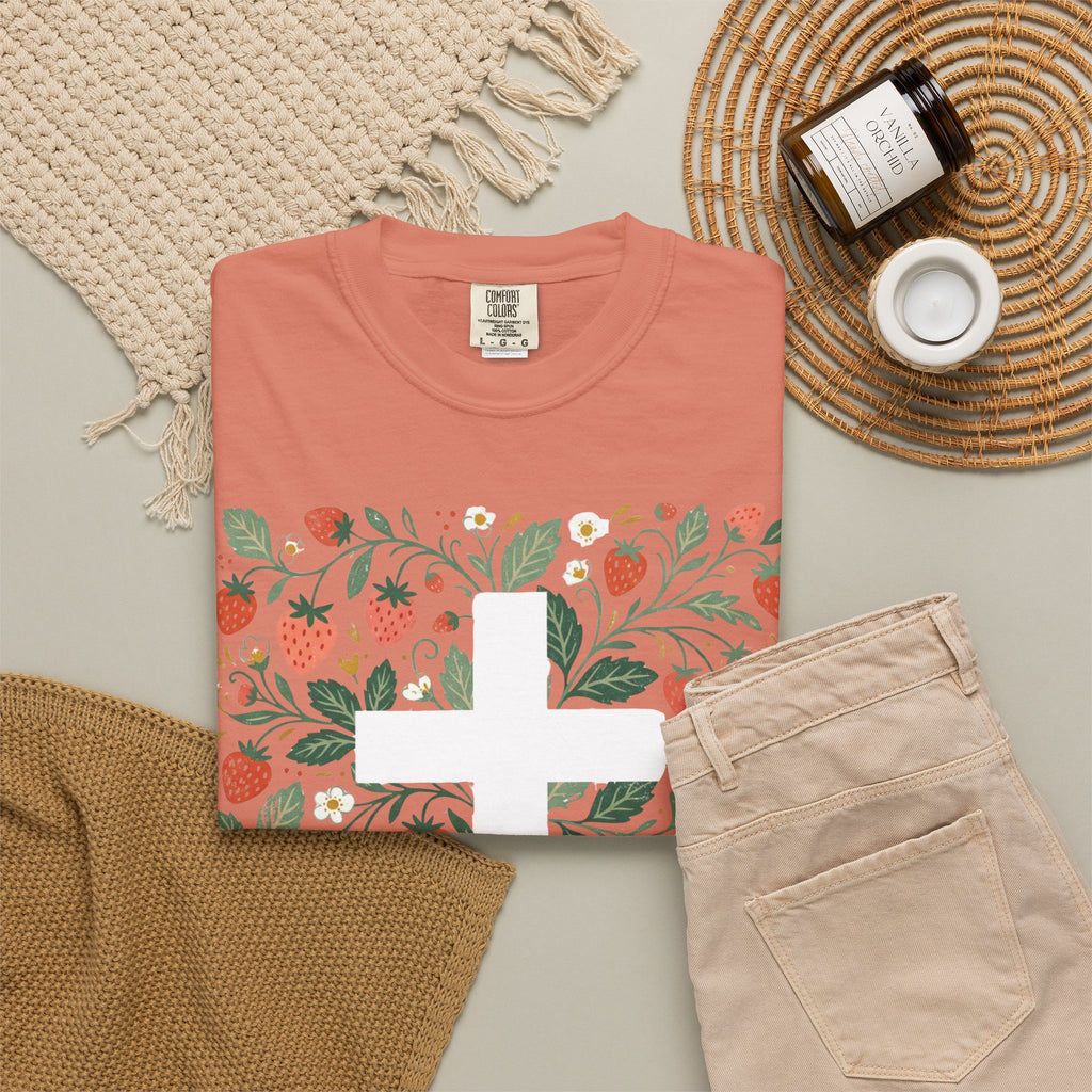 Strawberry Floral Cross T-Shirt — Botanical Faith Graphic Tee