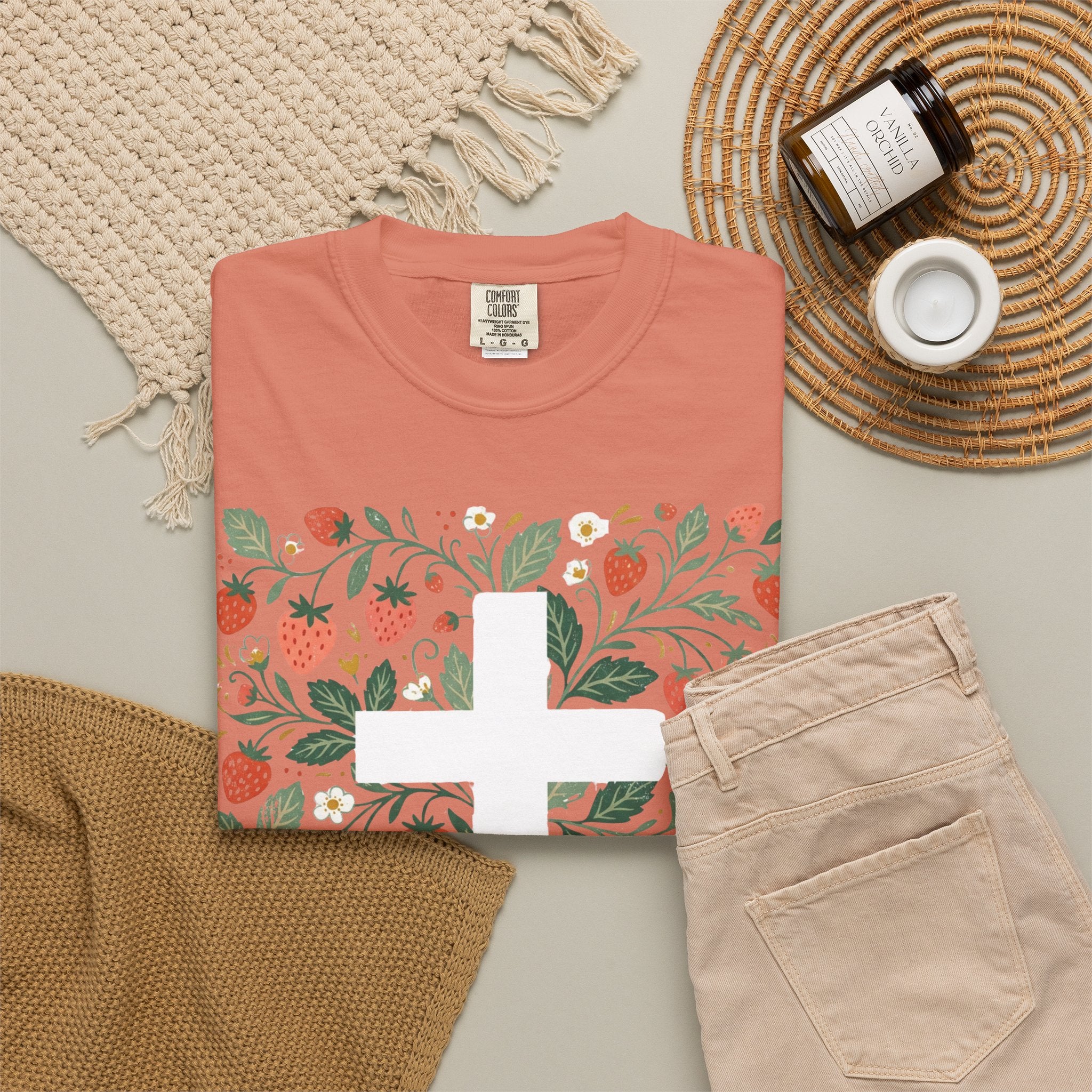 Strawberry Floral Cross T-Shirt — Botanical Faith Graphic Tee