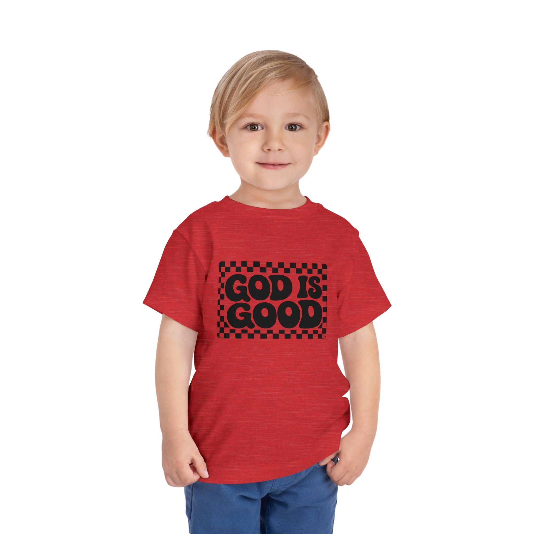Toddler Tee — "God Is Good" Checkerboard Christian Kids Shirt