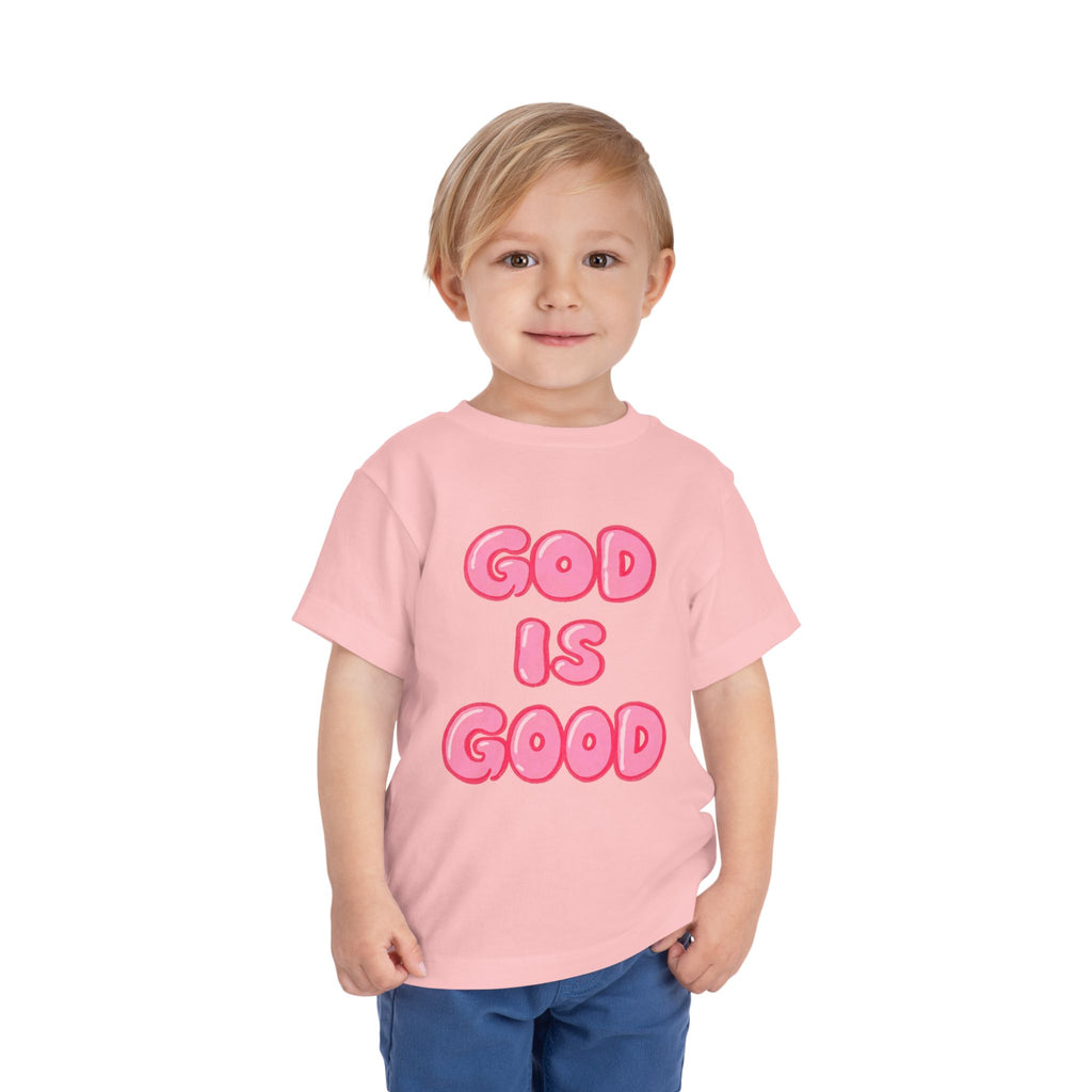 God Is Good Toddler Tee — Pink Bubble Letter Faith Shirt