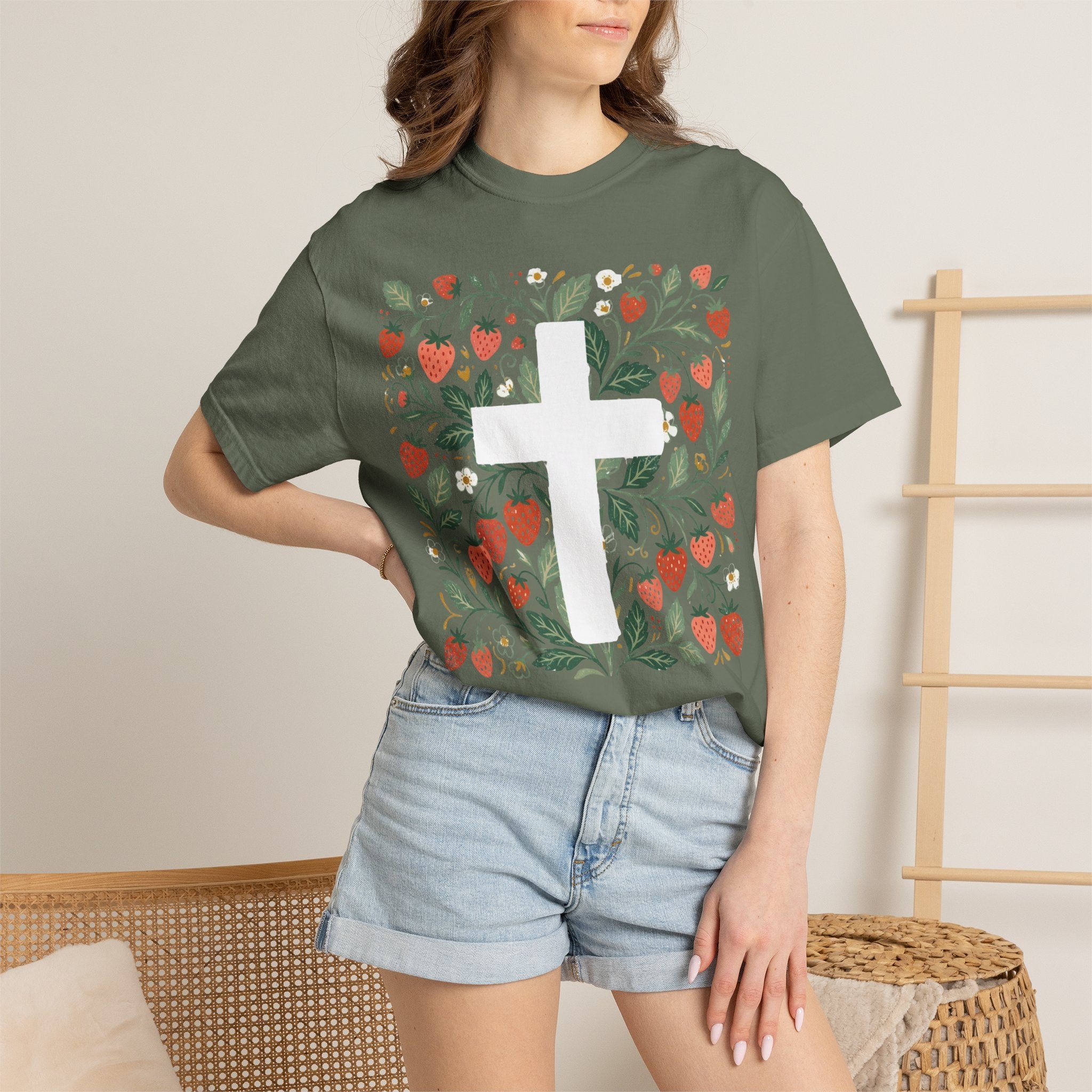 Strawberry Floral Cross T-Shirt — Botanical Faith Graphic Tee