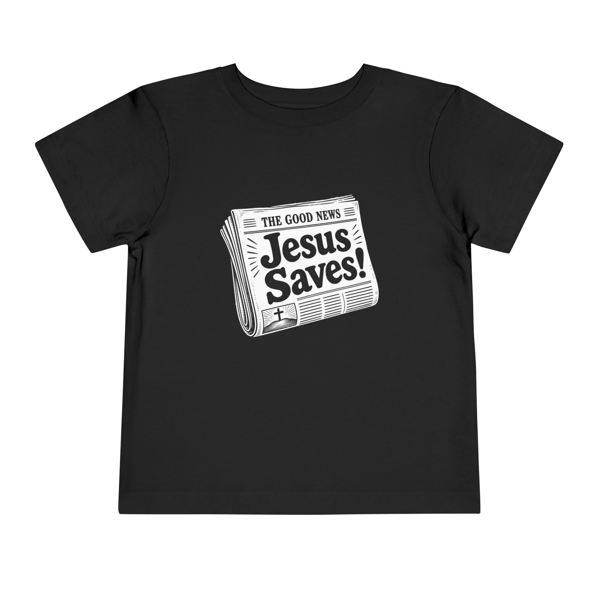 Toddler Tee — "Jesus Saves!" Newspaper Graphic Christian Kids Shirt