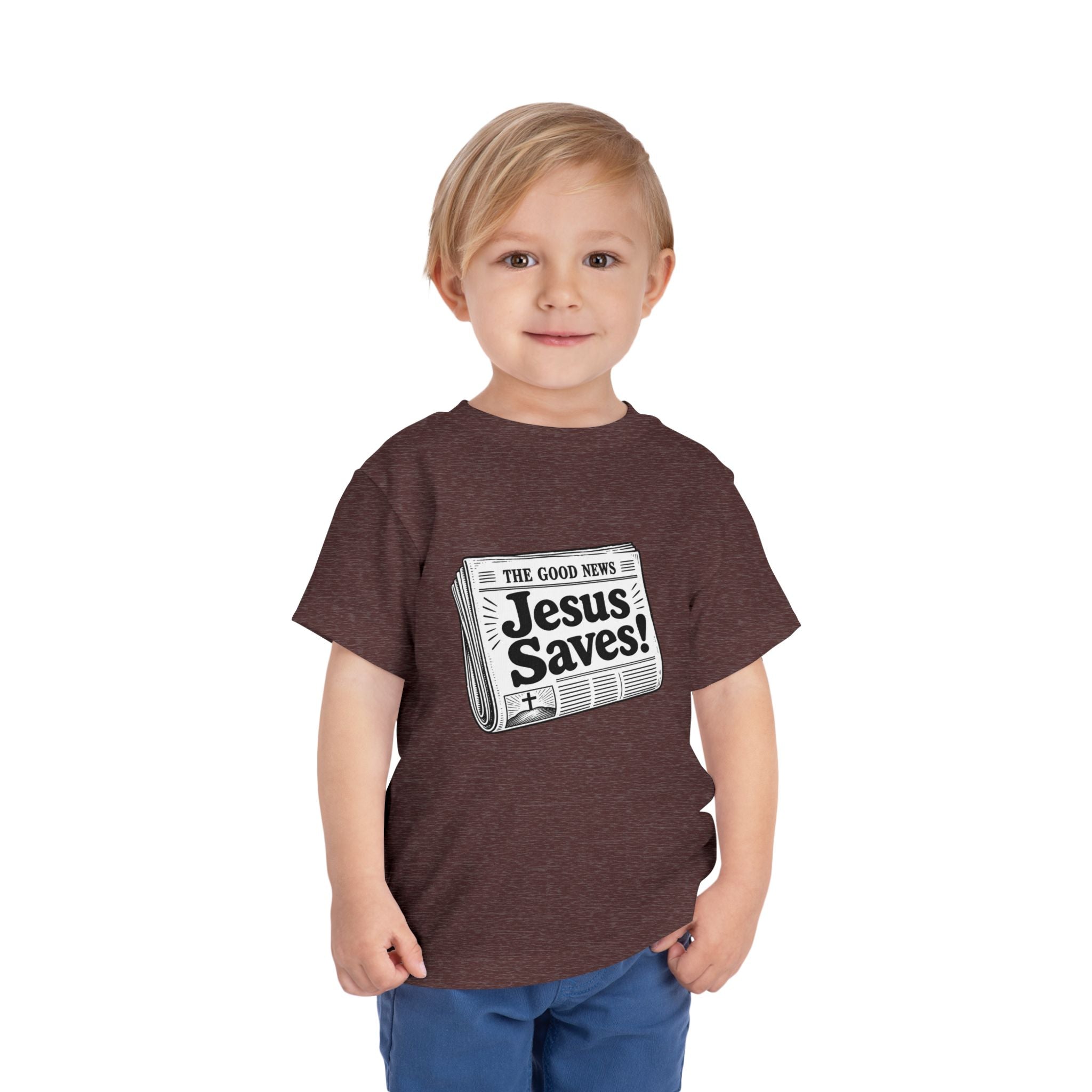 Toddler Tee — "Jesus Saves!" Newspaper Graphic Christian Kids Shirt