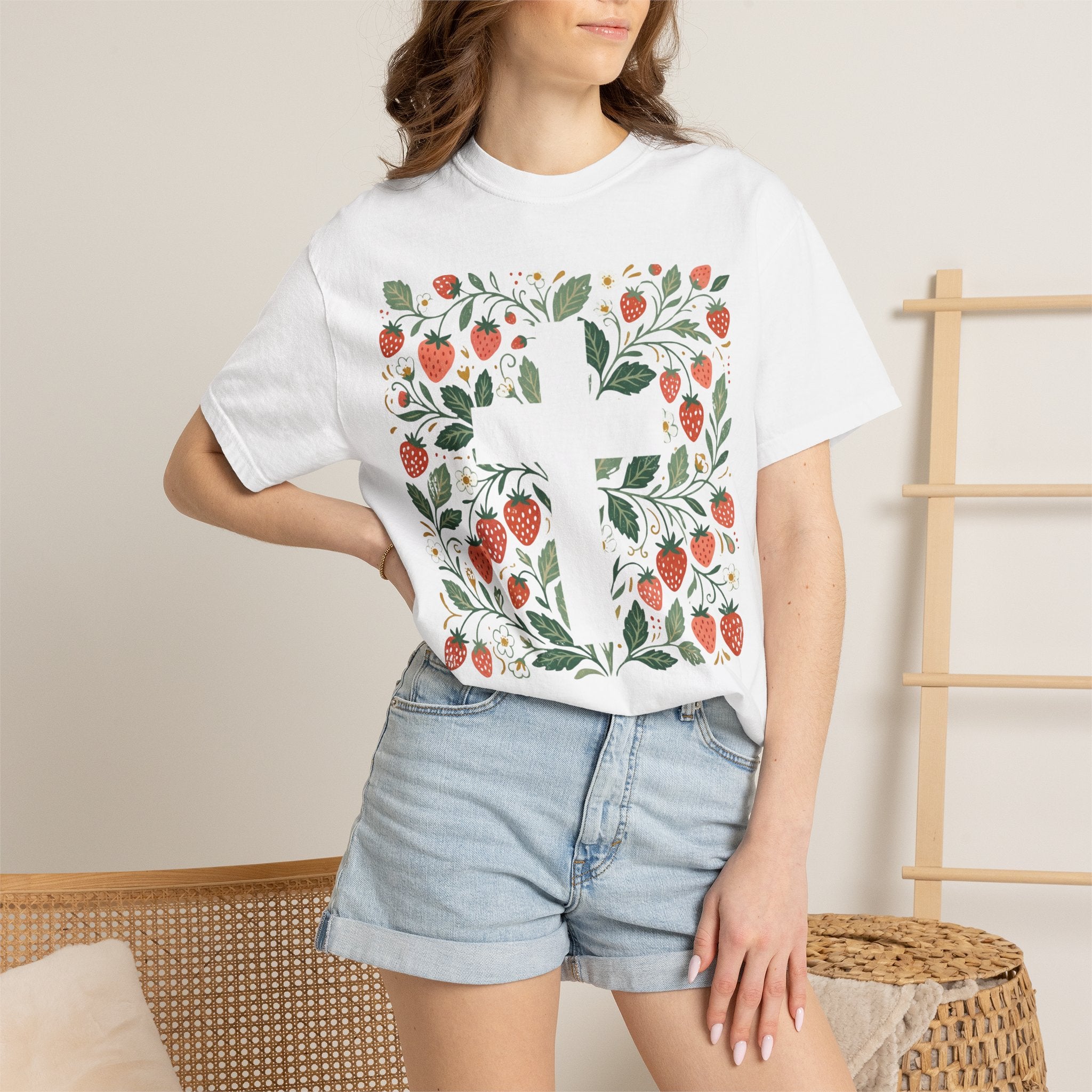 Strawberry Floral Cross T-Shirt — Botanical Faith Graphic Tee