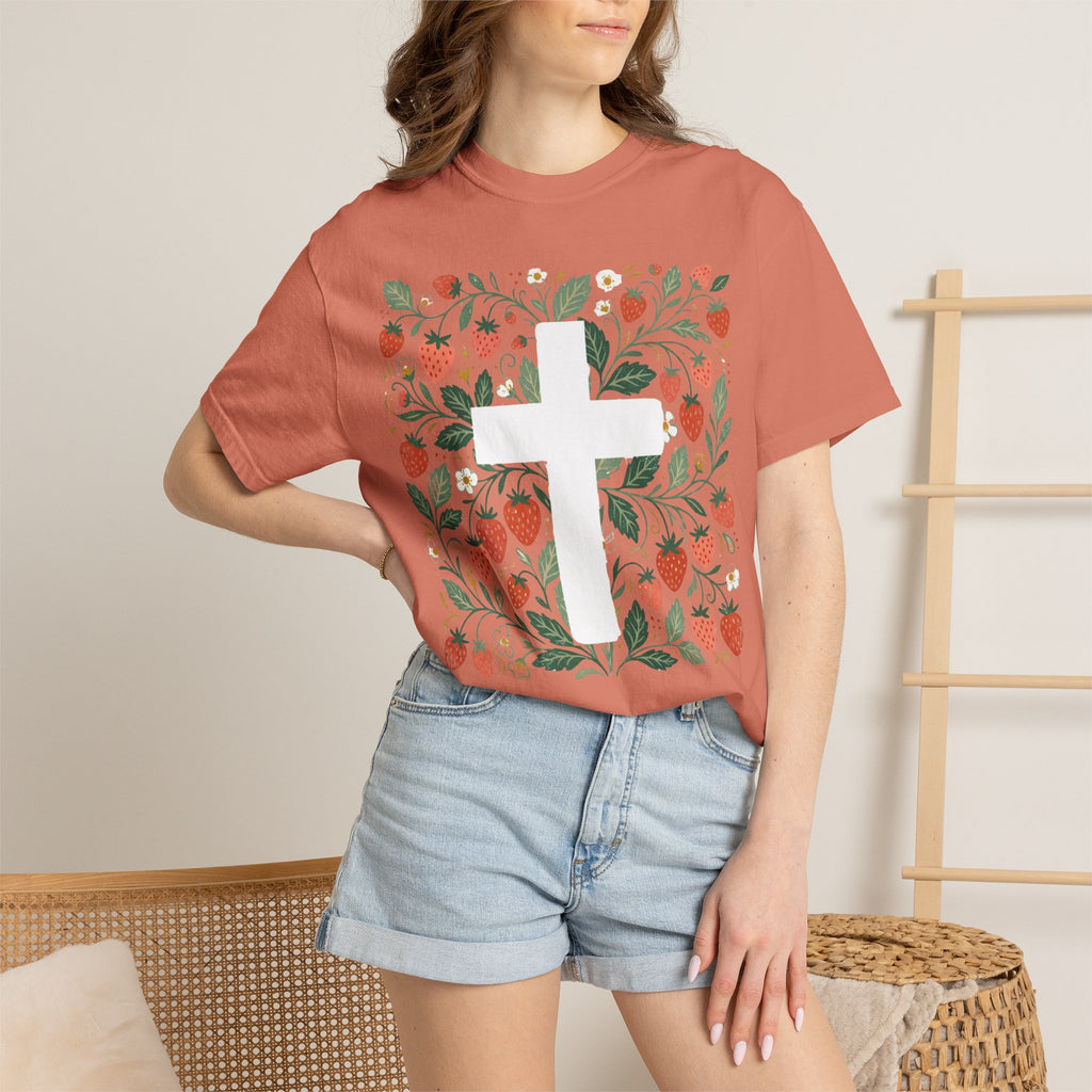 Strawberry Floral Cross T-Shirt — Botanical Faith Graphic Tee