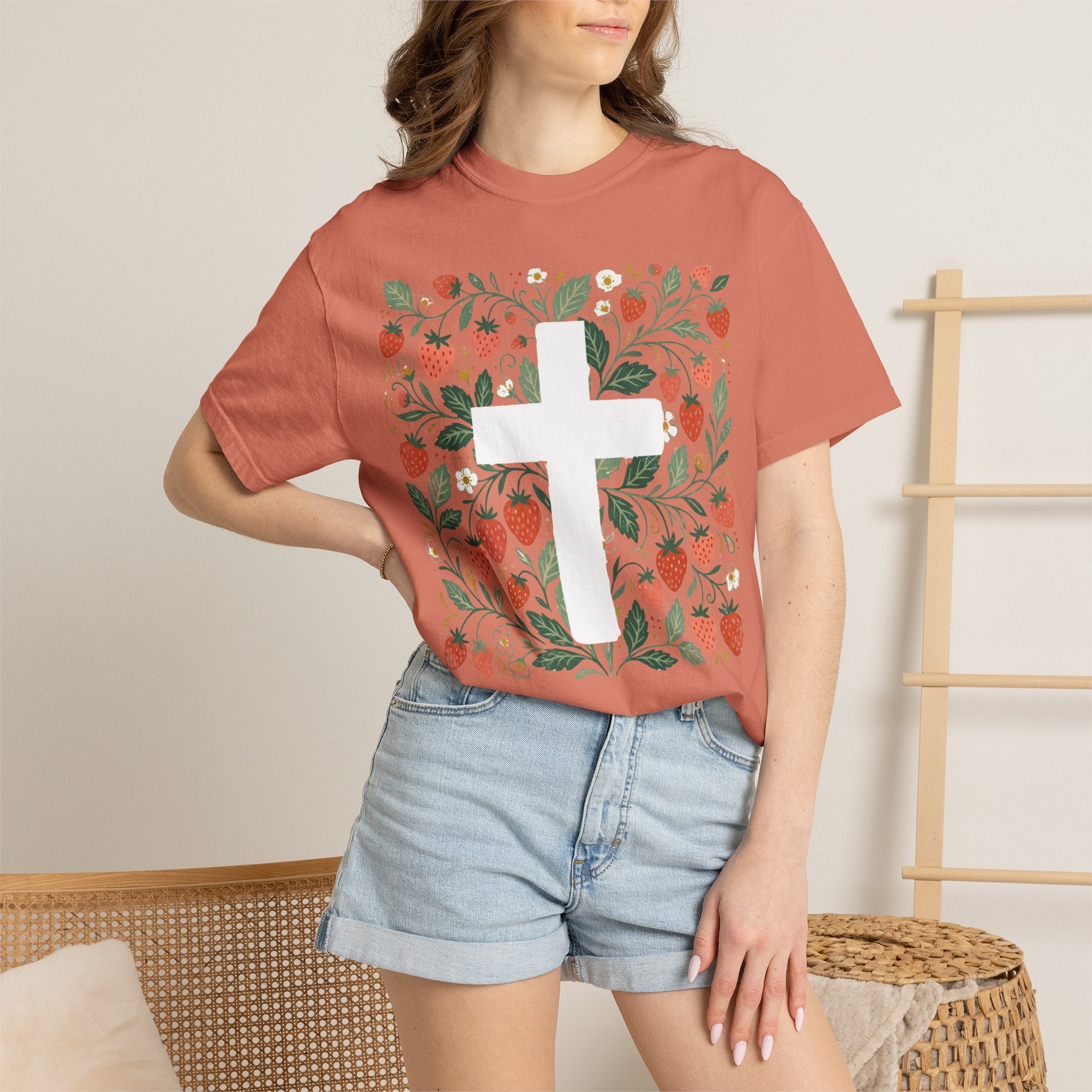 Strawberry Floral Cross T-Shirt — Botanical Faith Graphic Tee