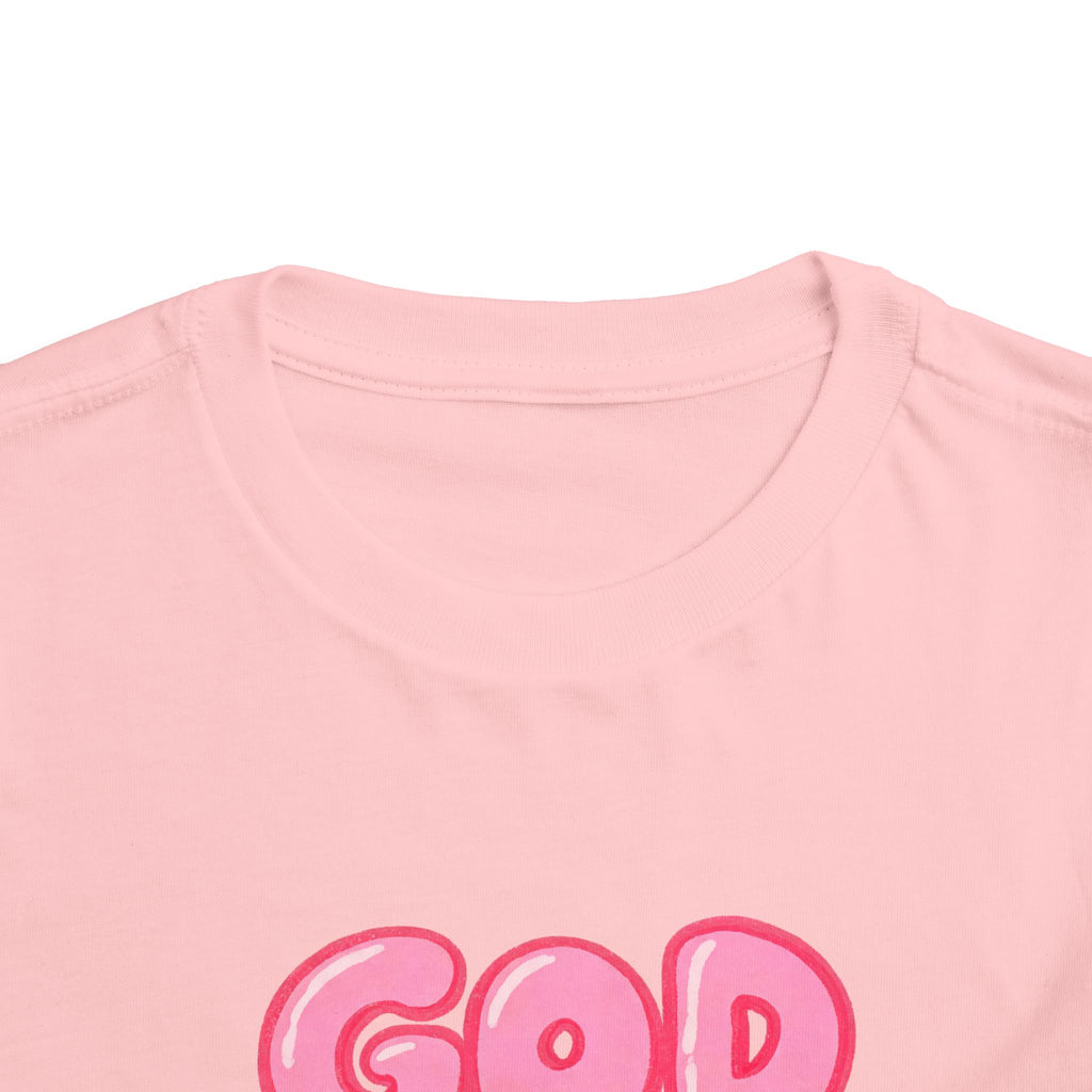 God Is Good Toddler Tee — Pink Bubble Letter Faith Shirt