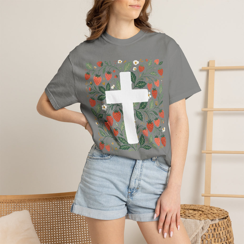 Strawberry Floral Cross T-Shirt — Botanical Faith Graphic Tee
