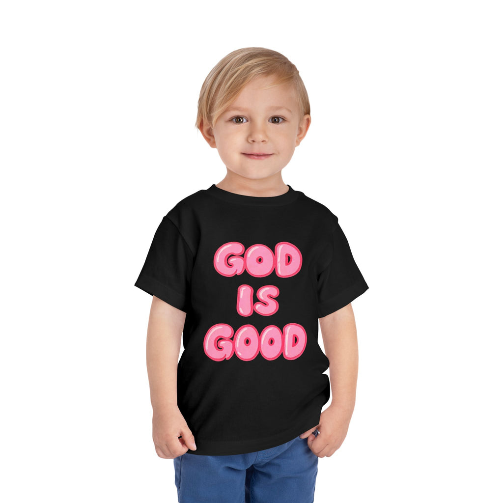 God Is Good Toddler Tee — Pink Bubble Letter Faith Shirt