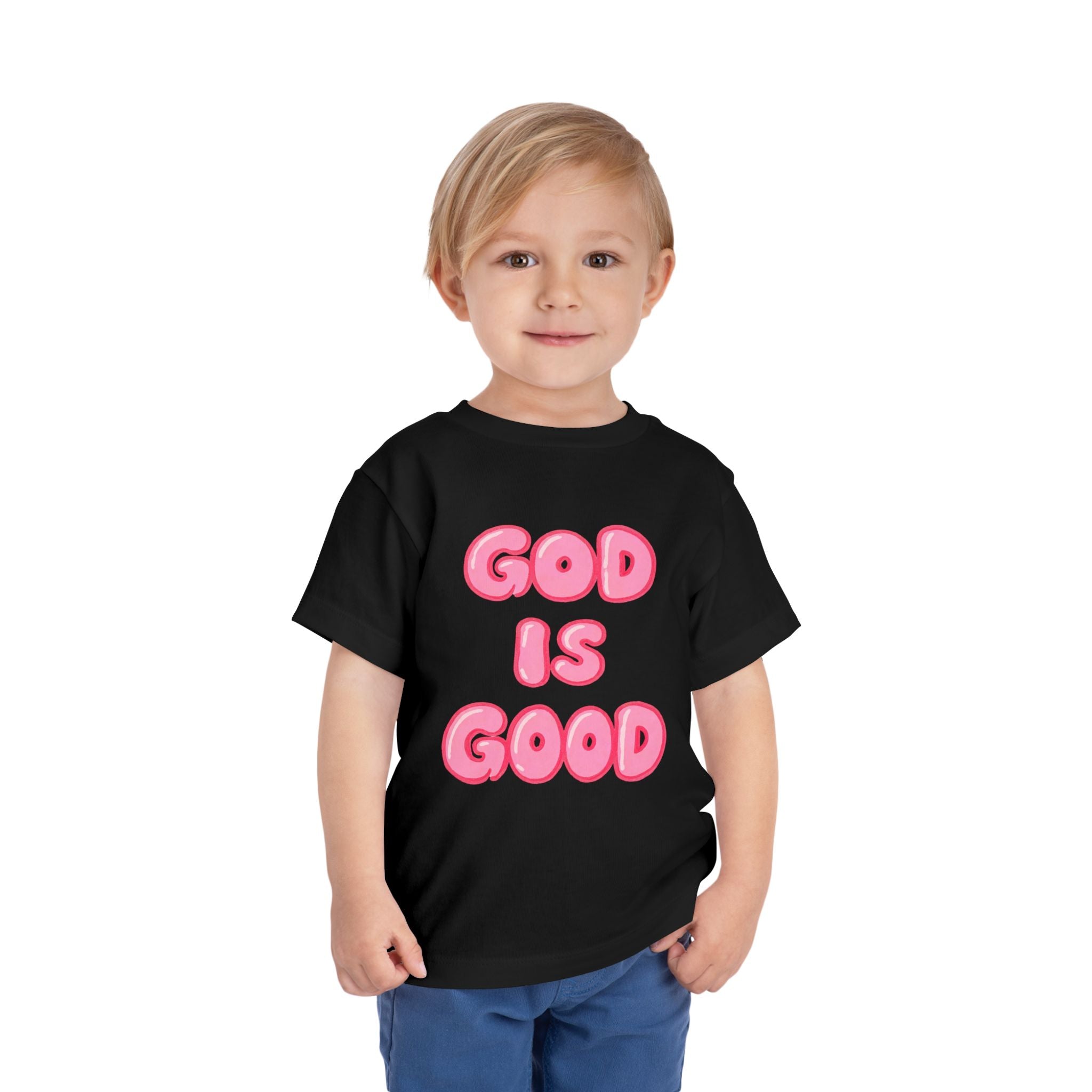 God Is Good Toddler Tee — Pink Bubble Letter Faith Shirt